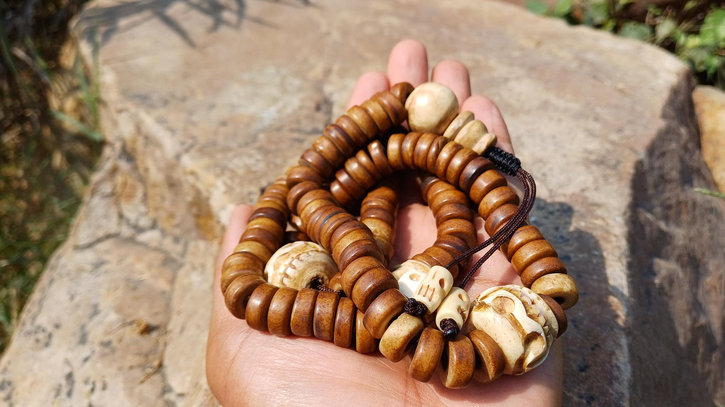 108 12mm Antique Gandhara Hand-carved Original Yak Bone Tibetan Buddhist Prayer Beads,Vintage Rosary Mala,Disk Shaped Yak Kapala Bone Mala