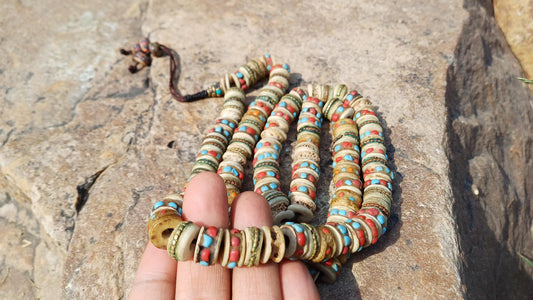 108 Antique Large Yak Bone Nepal Tibet Buddhist Prayer Beads,Vintage Turquoise Red Coral Inlay Rosary Mala,Disk Shaped Yak Kapala Bone Mala