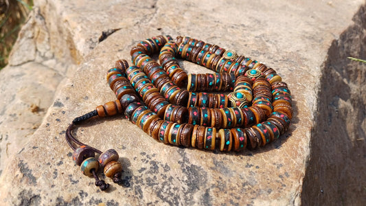 108 Antique Large Yak Bone Nepal Tibet Buddhist Prayer Beads,Vintage Turquoise Red Coral Inlay Rosary Mala,Disk Shaped Yak Kapala Bone Mala