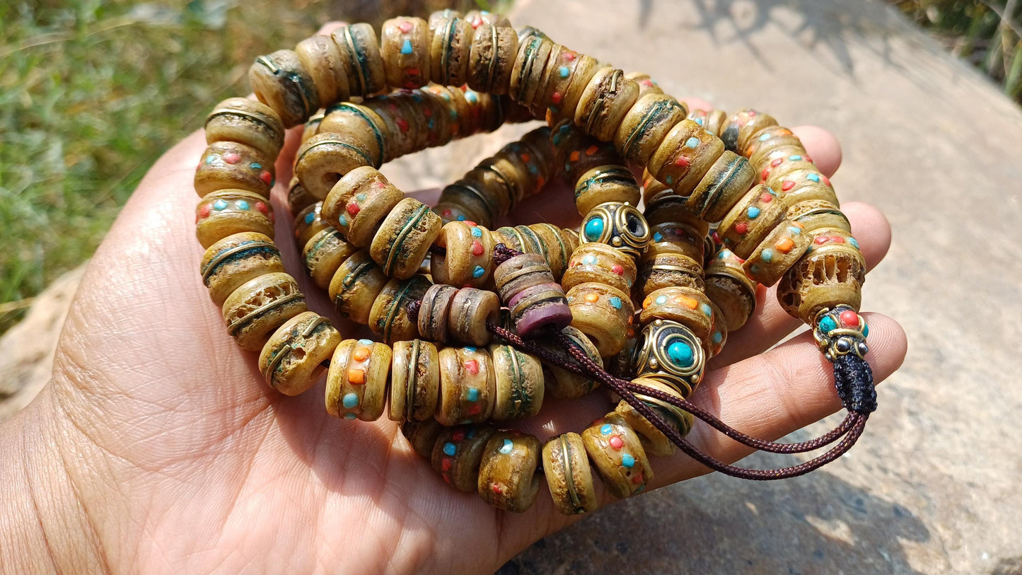 108 12mm Antique Gandhara Hand-carved Original Yak Bone Tibetan Buddhist Prayer Beads,Vintage Rosary Mala,Disk Shaped Yak Kapala Bone Mala