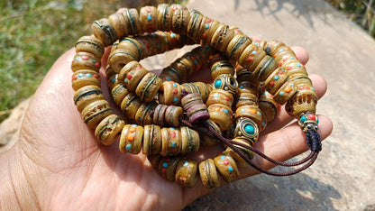 108 12mm Antique Gandhara Hand-carved Original Yak Bone Tibetan Buddhist Prayer Beads,Vintage Rosary Mala,Disk Shaped Yak Kapala Bone Mala