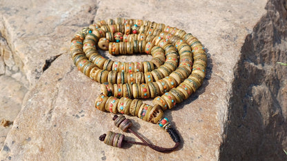 108 12mm Antique Gandhara Hand-carved Original Yak Bone Tibetan Buddhist Prayer Beads,Vintage Rosary Mala,Disk Shaped Yak Kapala Bone Mala