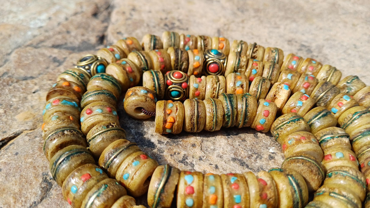 108 12mm Antique Gandhara Hand-carved Original Yak Bone Tibetan Buddhist Prayer Beads,Vintage Rosary Mala,Disk Shaped Yak Kapala Bone Mala