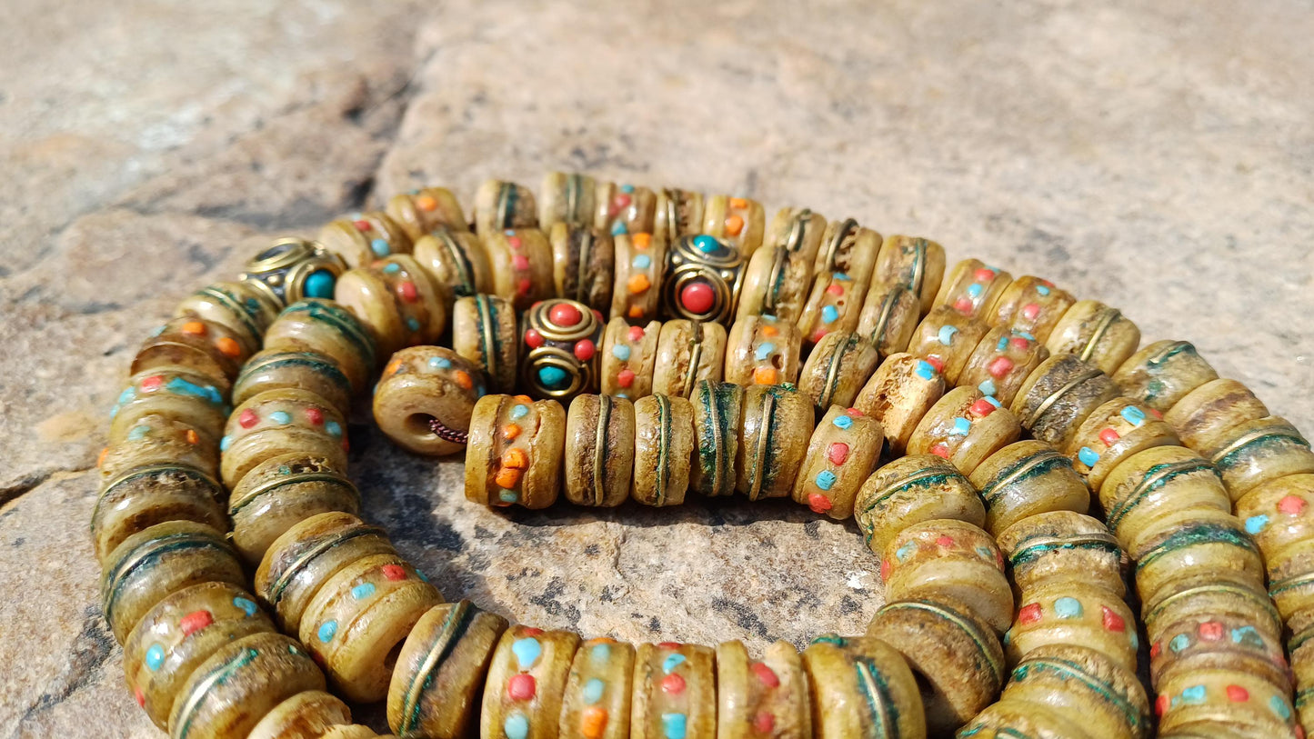 108 12mm Antique Gandhara Hand-carved Original Yak Bone Tibetan Buddhist Prayer Beads,Vintage Rosary Mala,Disk Shaped Yak Kapala Bone Mala