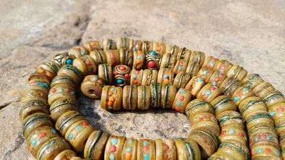 108 12mm Antique Gandhara Hand-carved Original Yak Bone Tibetan Buddhist Prayer Beads,Vintage Rosary Mala,Disk Shaped Yak Kapala Bone Mala