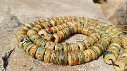 108 12mm Antique Gandhara Hand-carved Original Yak Bone Tibetan Buddhist Prayer Beads,Vintage Rosary Mala,Disk Shaped Yak Kapala Bone Mala