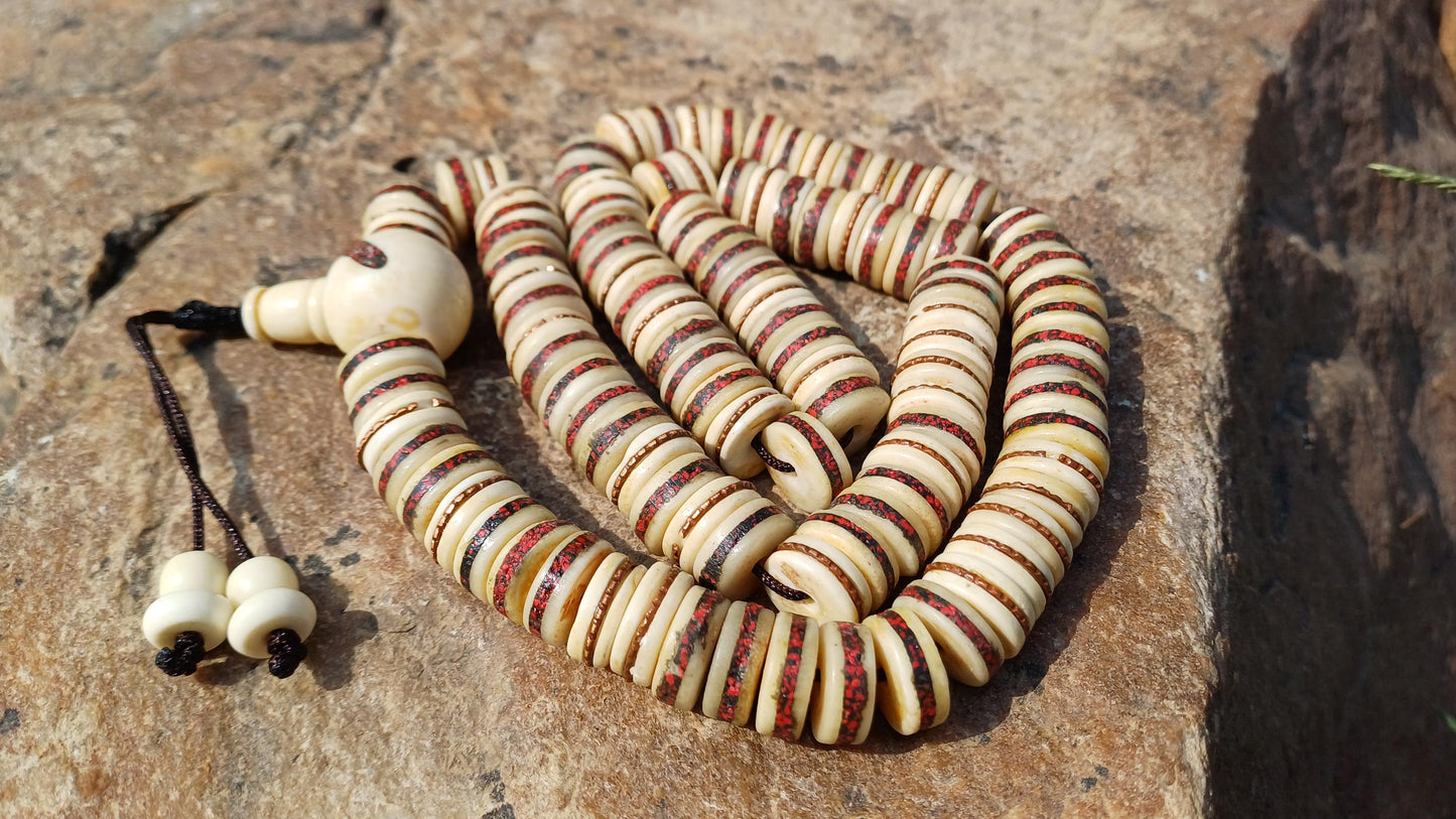 108 12mm Antique Gandhara Hand-carved Original Yak Bone Tibetan Buddhist Prayer Beads,Vintage Rosary Mala,Disk Shaped Yak Kapala Bone Mala