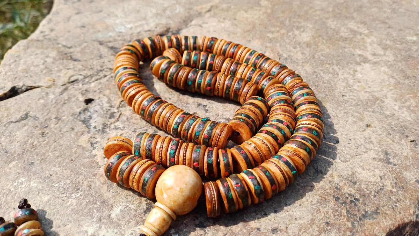 108 12mm Antique Gandhara Hand-carved Original Yak Bone Tibetan Buddhist Prayer Beads,Vintage Rosary Mala,Disk Shaped Yak Kapala Bone Mala