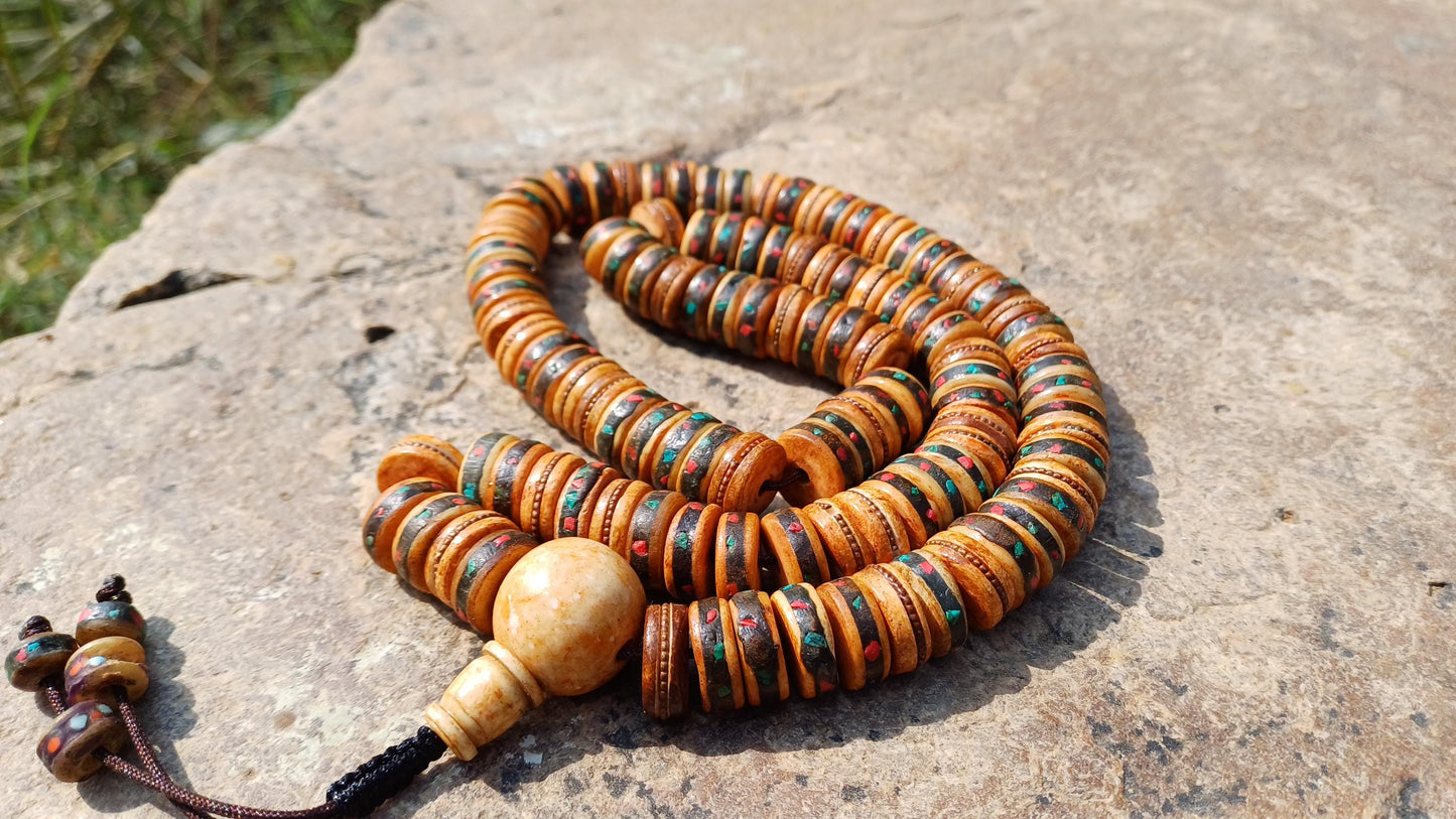 108 12mm Antique Gandhara Hand-carved Original Yak Bone Tibetan Buddhist Prayer Beads,Vintage Rosary Mala,Disk Shaped Yak Kapala Bone Mala