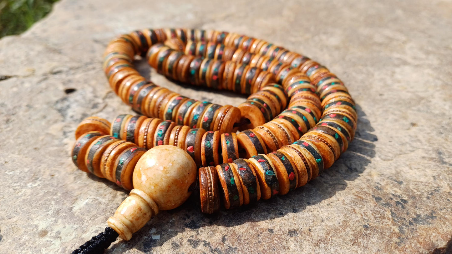 108 12mm Antique Gandhara Hand-carved Original Yak Bone Tibetan Buddhist Prayer Beads,Vintage Rosary Mala,Disk Shaped Yak Kapala Bone Mala