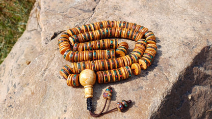 108 12mm Antique Gandhara Hand-carved Original Yak Bone Tibetan Buddhist Prayer Beads,Vintage Rosary Mala,Disk Shaped Yak Kapala Bone Mala