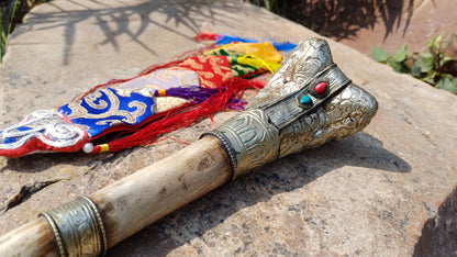 Vintage Bone Double Mahakala Hand Carved Silver Inlay Kangling Tibetan Ritual Trumpet,Used Traditional Tantrik Trumpet,Shaman  Buddhism Tool