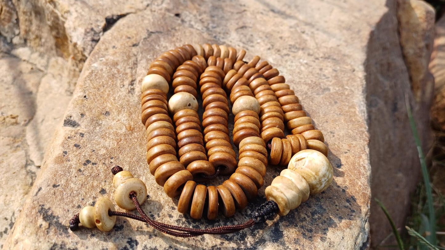 108 12mm Antique Gandhara Hand-carved Original Yak Bone Tibetan Buddhist Prayer Beads,Vintage Rosary Mala,Disk Shaped Yak Kapala Bone Mala