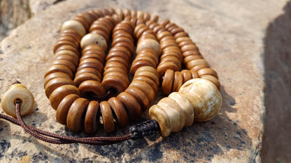 108 12mm Antique Gandhara Hand-carved Original Yak Bone Tibetan Buddhist Prayer Beads,Vintage Rosary Mala,Disk Shaped Yak Kapala Bone Mala