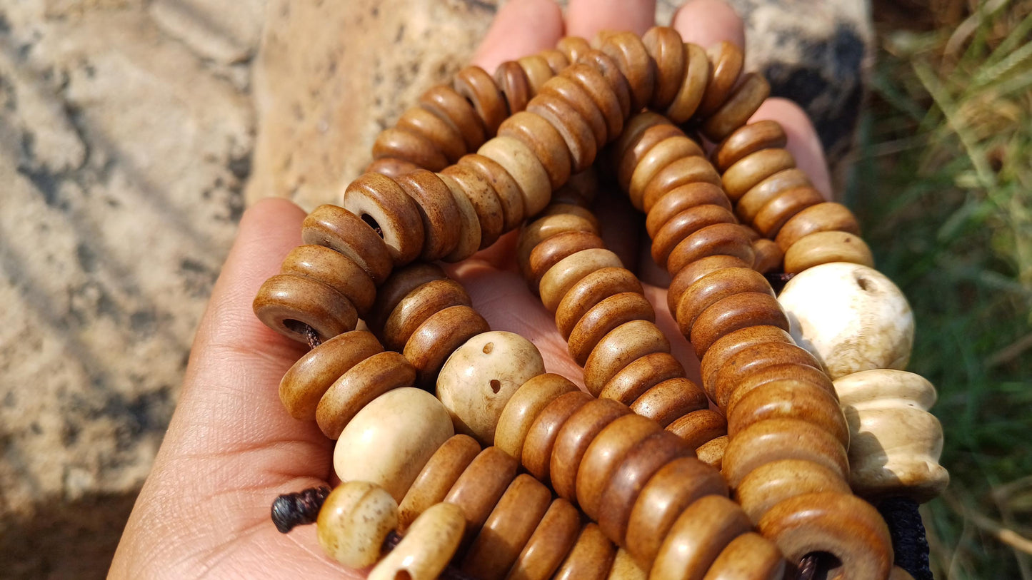 108 12mm Antique Gandhara Hand-carved Original Yak Bone Tibetan Buddhist Prayer Beads,Vintage Rosary Mala,Disk Shaped Yak Kapala Bone Mala
