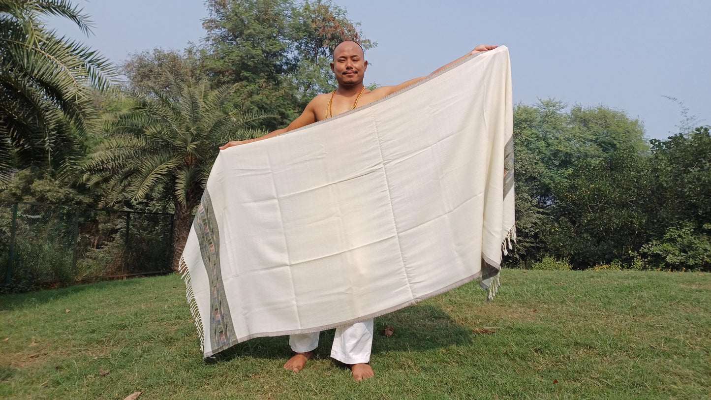 SRI HARI Handwoven White Pure Himalayan Yak Wool Prayer Shawl,Ethnic Yak Wool Meditation Scarf,Tibetan Yak Wool Stole,Himalayan Yak Wrap/Zen