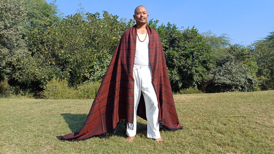 Extra-Large Handwoven Stripe Design Burgundy Red Laymen Buddhist Pure Himalayan SheepWool Meditation Shawl/Wrap/Zen,Himalayan Prayer Blanket