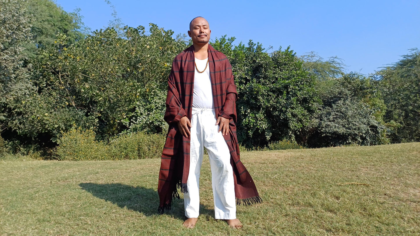 Extra-Large Handwoven Stripe Design Burgundy Red Laymen Buddhist Pure Himalayan SheepWool Meditation Shawl/Wrap/Zen,Himalayan Prayer Blanket