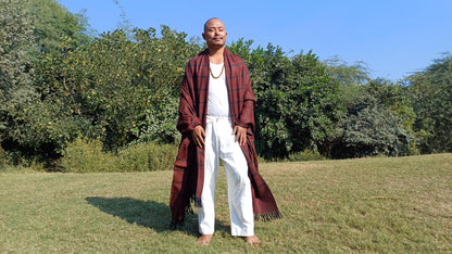Extra-Large Handwoven Stripe Design Burgundy Red Laymen Buddhist Pure Himalayan SheepWool Meditation Shawl/Wrap/Zen,Himalayan Prayer Blanket