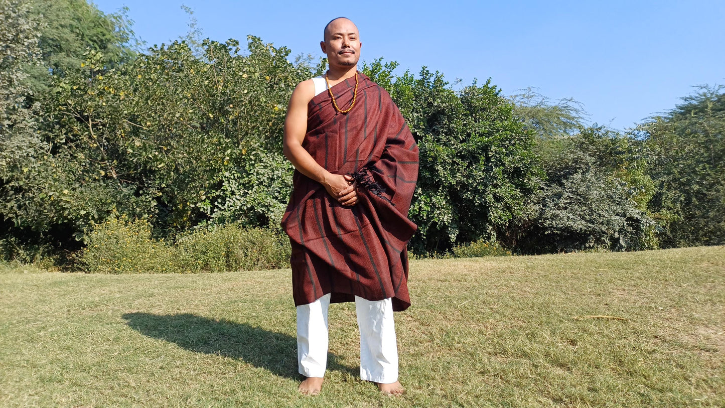 Extra-Large Handwoven Stripe Design Burgundy Red Laymen Buddhist Pure Himalayan SheepWool Meditation Shawl/Wrap/Zen,Himalayan Prayer Blanket