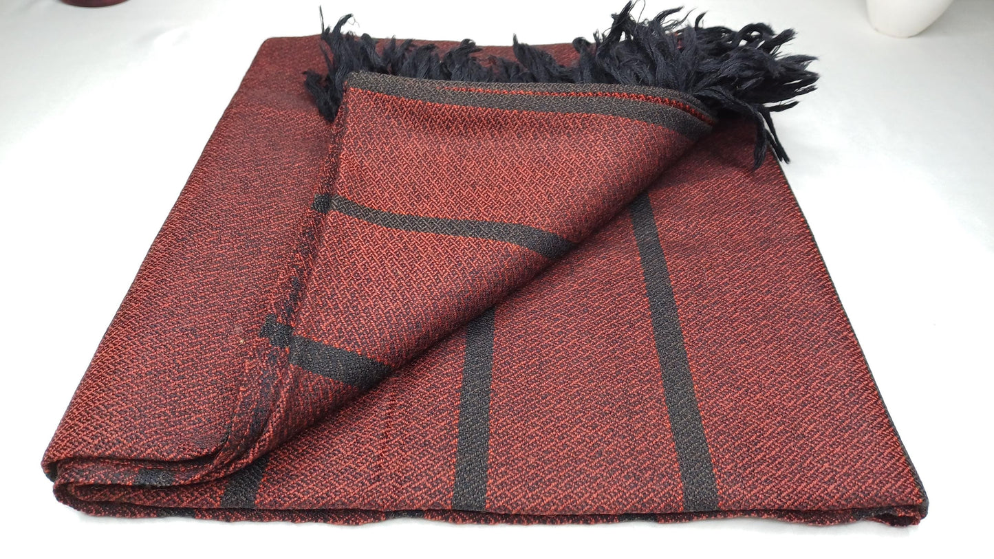 Extra-Large Handwoven Stripe Design Burgundy Red Laymen Buddhist Pure Himalayan SheepWool Meditation Shawl/Wrap/Zen,Himalayan Prayer Blanket