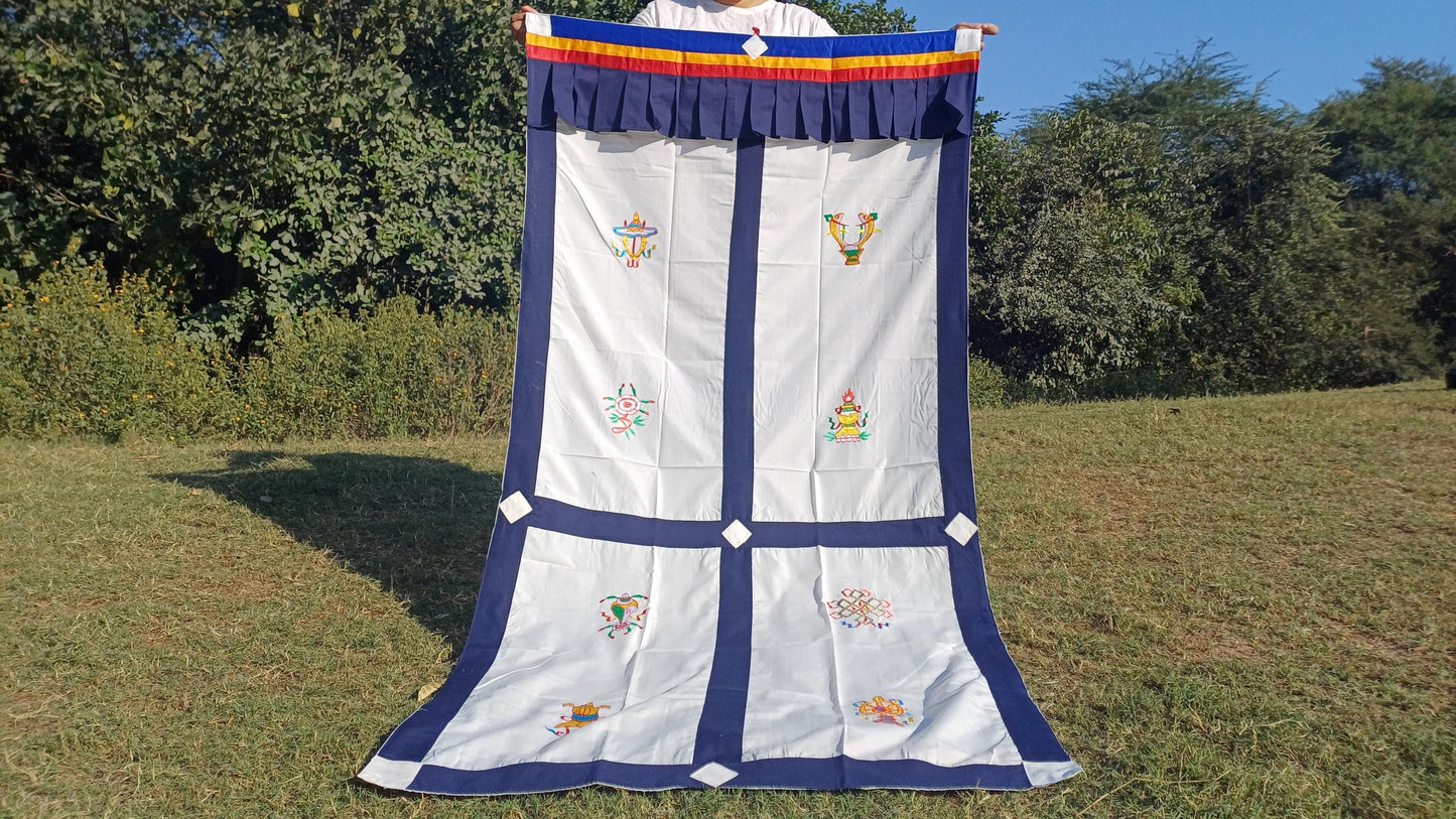 Traditional Handmade Tibetan 8 Auspicious Symbol Embroidered Tibetan Door Curtain,Buddhist 8 Lucky Signs Symbol Altar Room Door Hanging