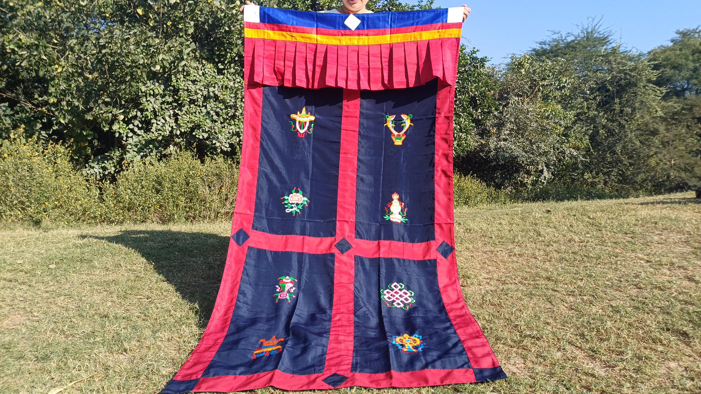 Traditional Handmade Tibetan 8 Auspicious Symbol Embroidered Tibetan Door Curtain,Buddhist 8 Lucky Signs Symbol Altar Room Door Hanging