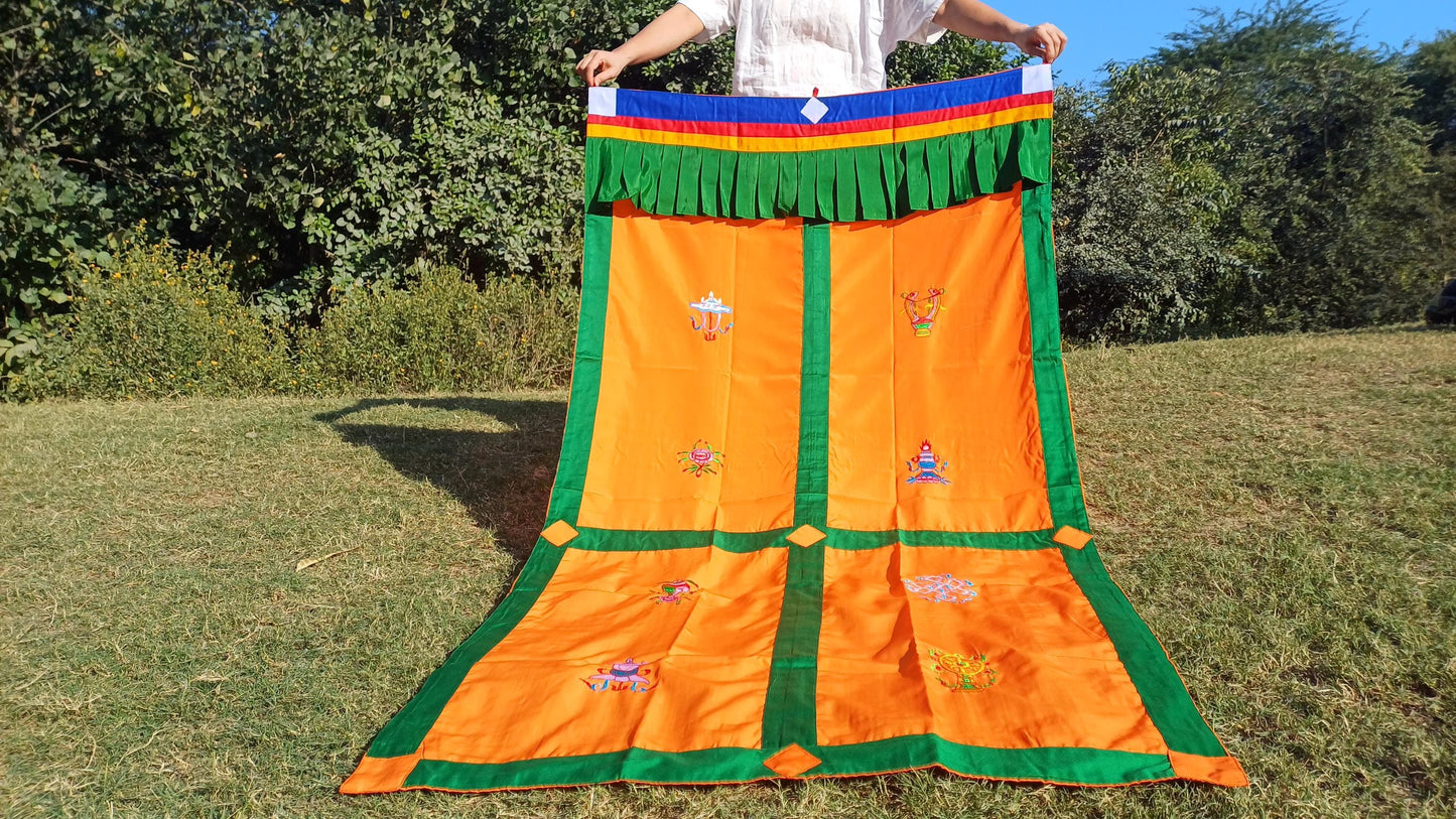 Traditional Handmade Tibetan 8 Auspicious Symbol Embroidered Tibetan Door Curtain,Buddhist 8 Lucky Signs Symbol Altar Room Door Hanging