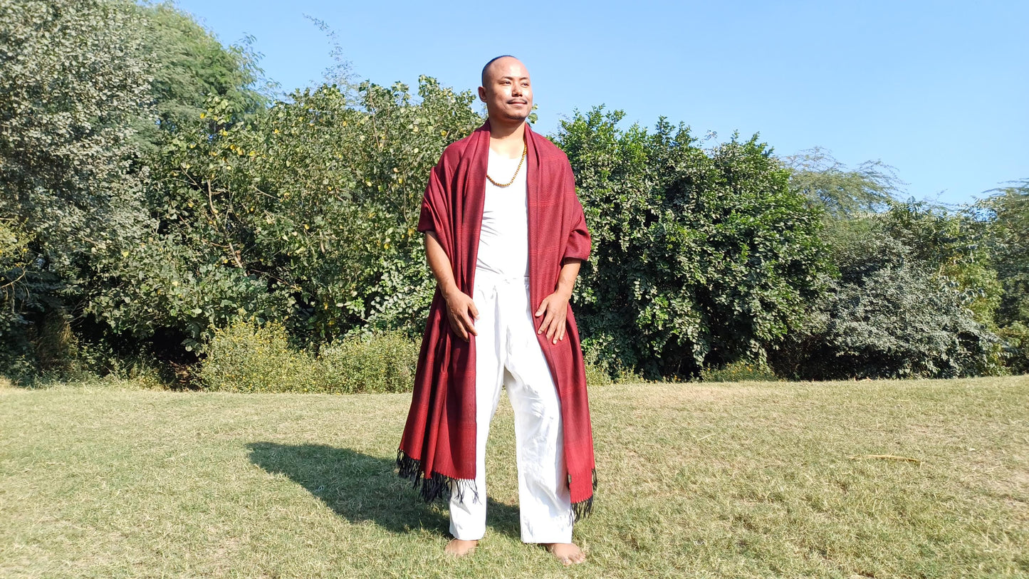 MAHAKAAL X-Large Handwoven Stripe Design Burgundy Red Buddhist Pure Himalayan SheepW ool Meditation Shawl/Wrap/Zen,Himalayan Prayer Blanket