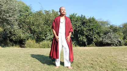 MAHAKAAL X-Large Handwoven Stripe Design Burgundy Red Buddhist Pure Himalayan SheepW ool Meditation Shawl/Wrap/Zen,Himalayan Prayer Blanket