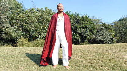MAHAKAAL X-Large Handwoven Stripe Design Burgundy Red Buddhist Pure Himalayan SheepW ool Meditation Shawl/Wrap/Zen,Himalayan Prayer Blanket