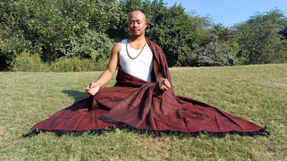 Extra-Large Handwoven Stripe Design Burgundy Red Laymen Buddhist Pure Himalayan SheepWool Meditation Shawl/Wrap/Zen,Himalayan Prayer Blanket