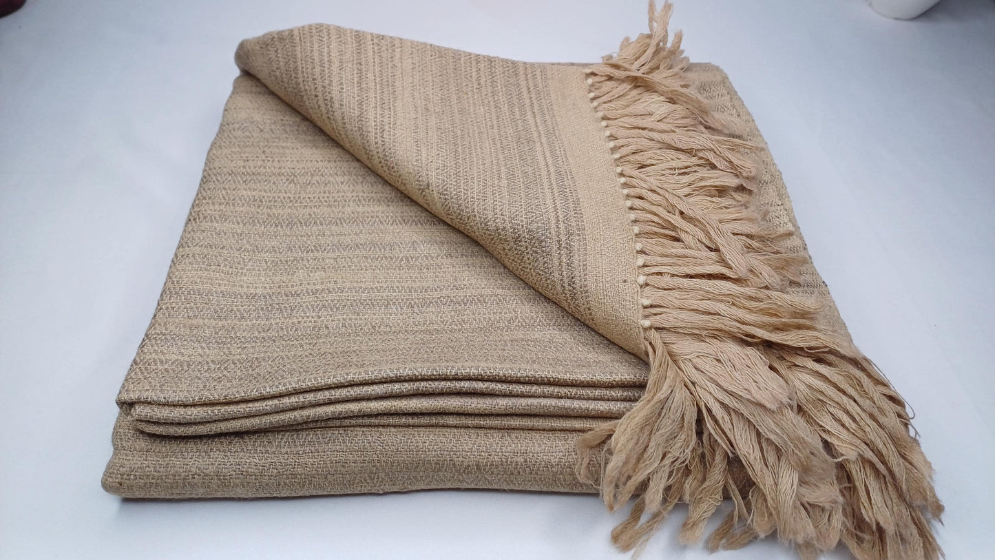 DHARMA Large Handspun Handwoven Khaki Color Pure Himalayan Yak Wool Blanket,Oversize Yak Meditation Shawl,Ethnic Indian Yak Prayer Blanket