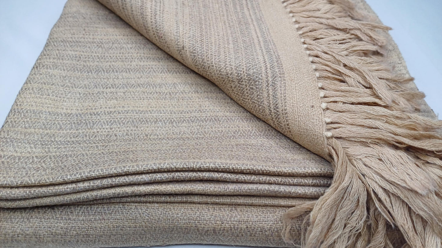DHARMA Large Handspun Handwoven Khaki Color Pure Himalayan Yak Wool Blanket,Oversize Yak Meditation Shawl,Ethnic Indian Yak Prayer Blanket
