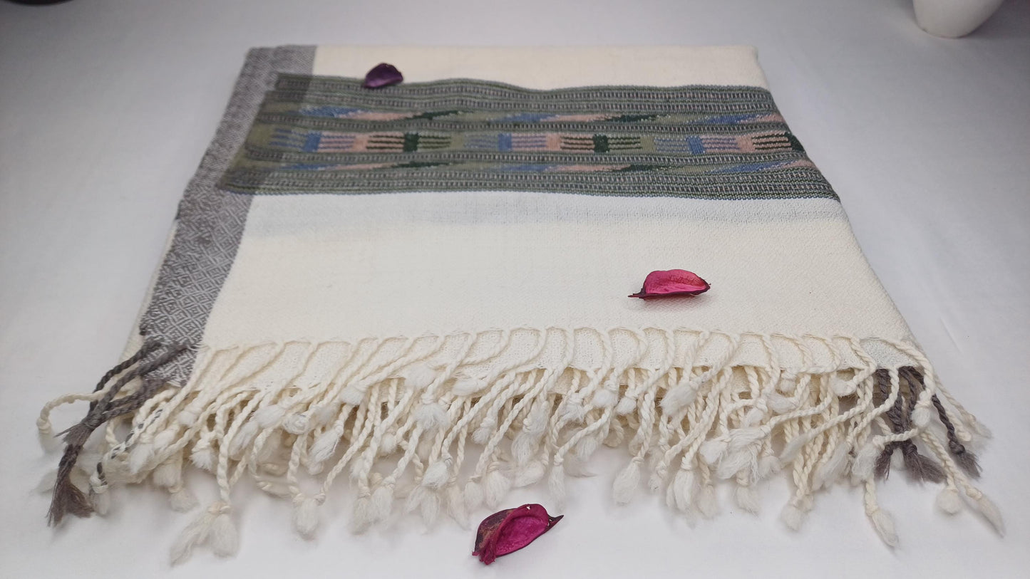 SRI HARI Handwoven White Pure Himalayan Yak Wool Prayer Shawl,Ethnic Yak Wool Meditation Scarf,Tibetan Yak Wool Stole,Himalayan Yak Wrap/Zen