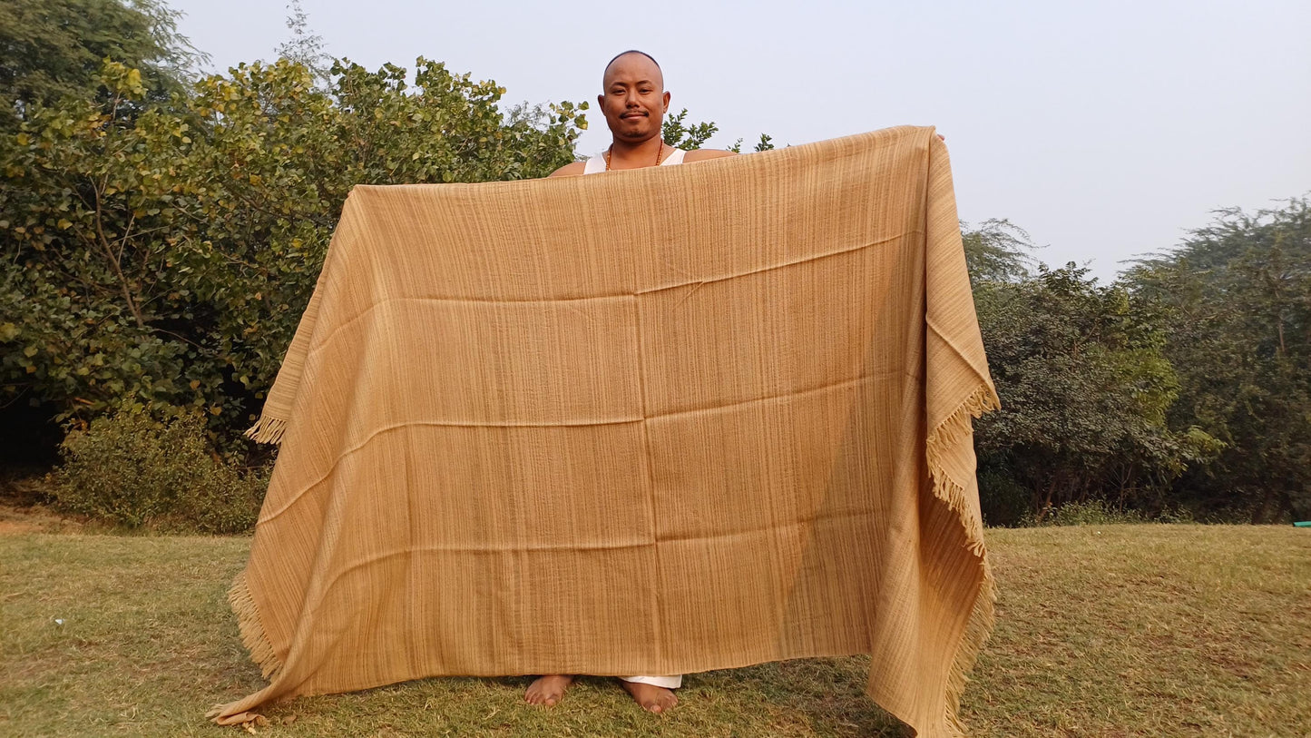 CHANDRA Large Thick Handspun/Handwoven Khaki Pure Himalayan Yak Wool Blanket,Oversize Yak Meditation Shawl,Ethnic Indian Yak Prayer Blanket
