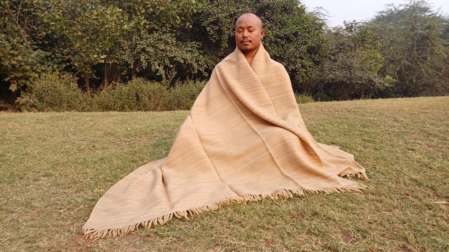 CHANDRA Large Thick Handspun/Handwoven Khaki Pure Himalayan Yak Wool Blanket,Oversize Yak Meditation Shawl,Ethnic Indian Yak Prayer Blanket