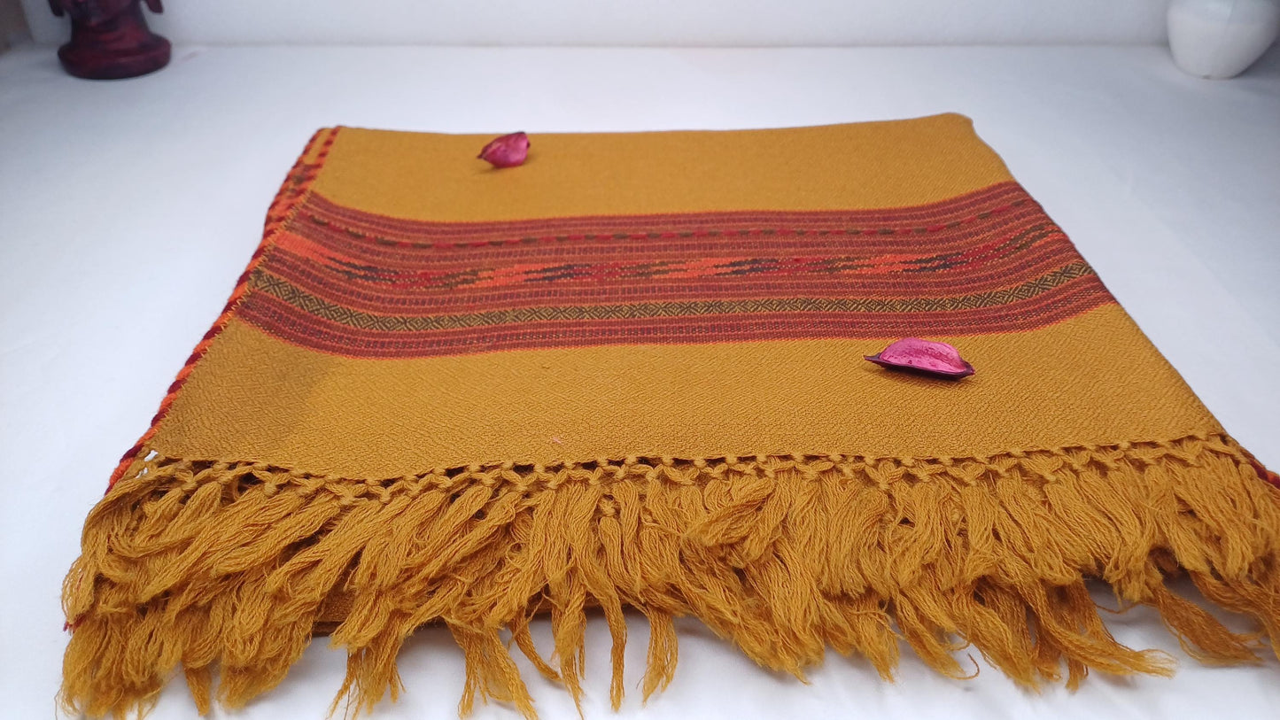 Handwoven Saffron Color Himalayan Sheep Wool Meditation Shawl,Ethnic Indian Prayer Scarf,Himalayan Wool  Prayer Wrap,Embroidered Kullu Shawl