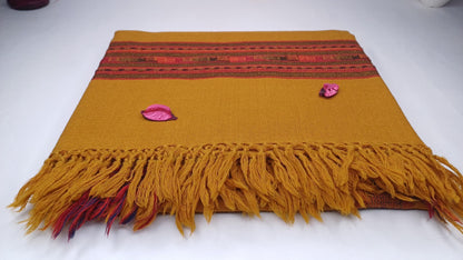 Handwoven Saffron Color Himalayan Sheep Wool Meditation Shawl,Ethnic Indian Prayer Scarf,Himalayan Wool Prayer Wrap,Embroidered Kullu Shawl