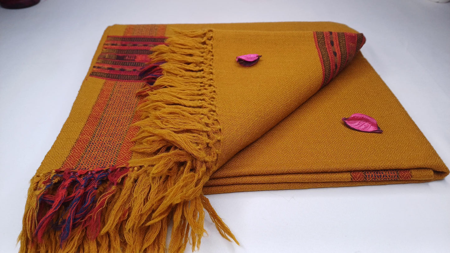 Handwoven Saffron Color Himalayan Sheep Wool Meditation Shawl,Ethnic Indian Prayer Scarf,Himalayan Wool Prayer Wrap,Embroidered Kullu Shawl