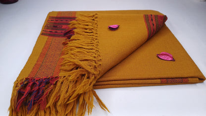 Handwoven Saffron Color Himalayan Sheep Wool Meditation Shawl,Ethnic Indian Prayer Scarf,Himalayan Wool Prayer Wrap,Embroidered Kullu Shawl
