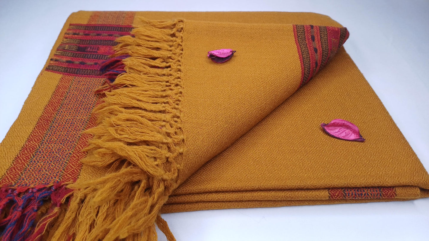 Handwoven Saffron Color Himalayan Sheep Wool Meditation Shawl,Ethnic Indian Prayer Scarf,Himalayan Wool Prayer Wrap,Embroidered Kullu Shawl