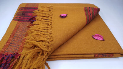 Handwoven Saffron Color Himalayan Sheep Wool Meditation Shawl,Ethnic Indian Prayer Scarf,Himalayan Wool Prayer Wrap,Embroidered Kullu Shawl