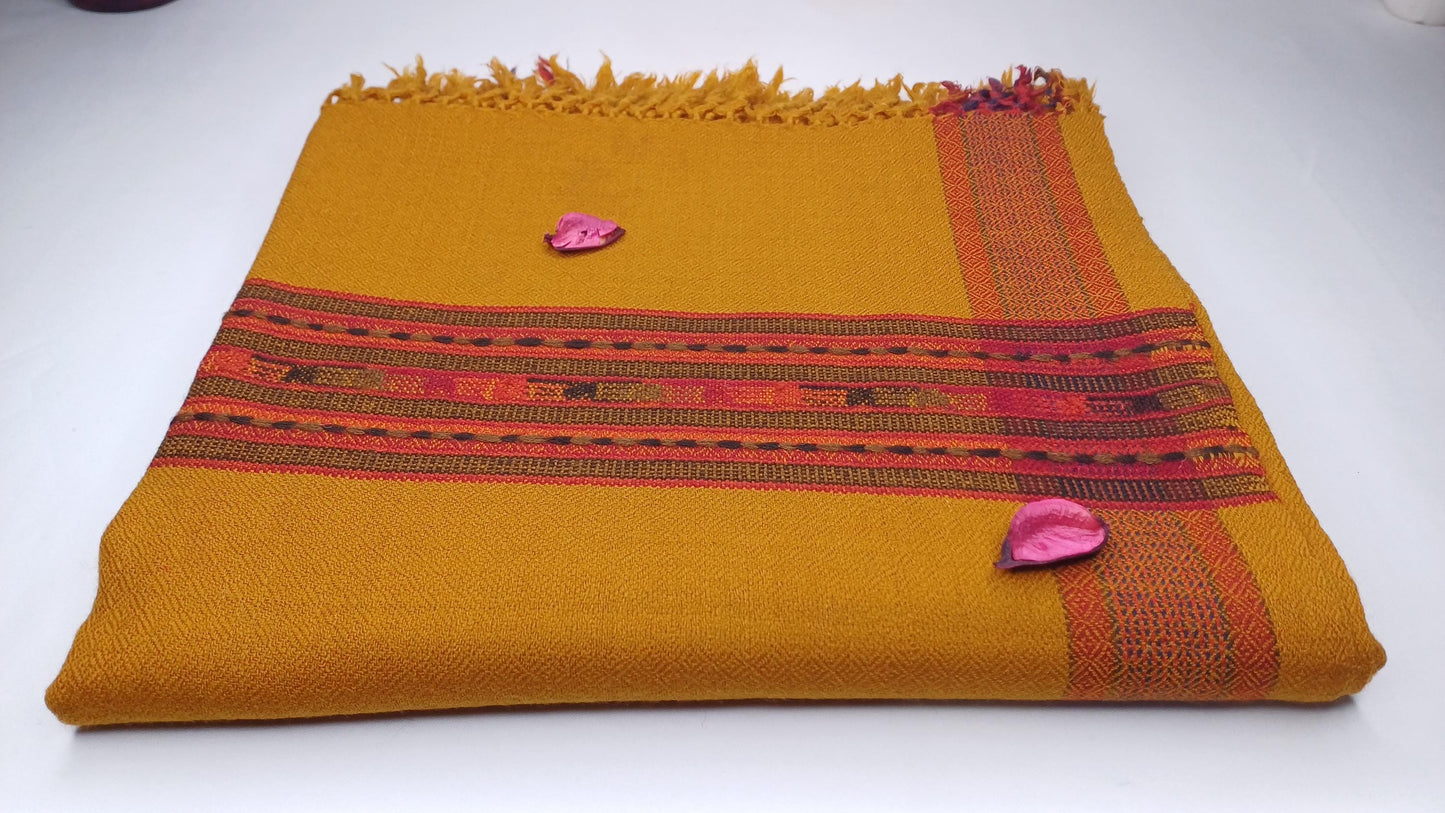 Handwoven Saffron Color Himalayan Sheep Wool Meditation Shawl,Ethnic Indian Prayer Scarf,Himalayan Wool Prayer Wrap,Embroidered Kullu Shawl