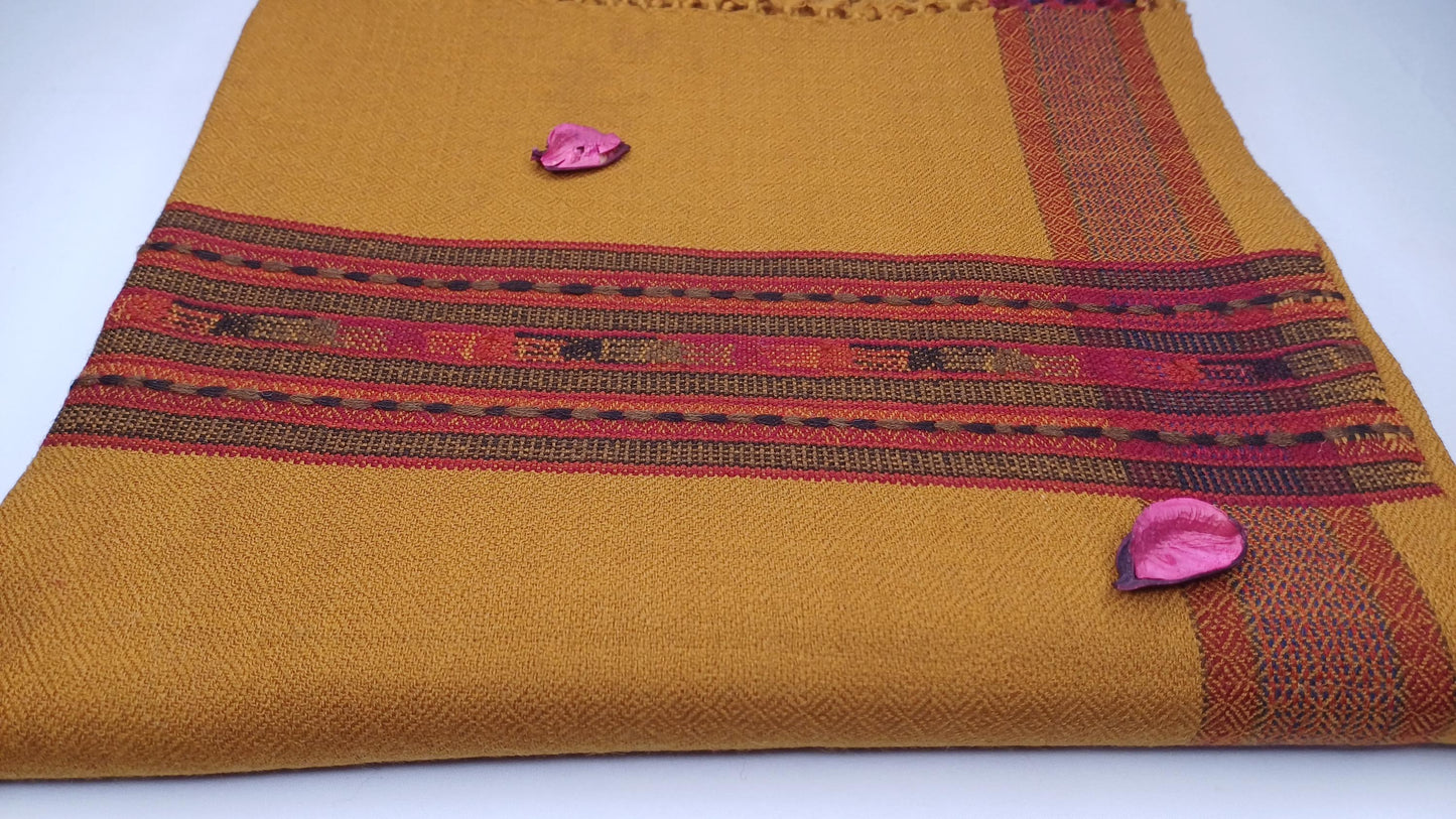 Handwoven Saffron Color Himalayan Sheep Wool Meditation Shawl,Ethnic Indian Prayer Scarf,Himalayan Wool Prayer Wrap,Embroidered Kullu Shawl