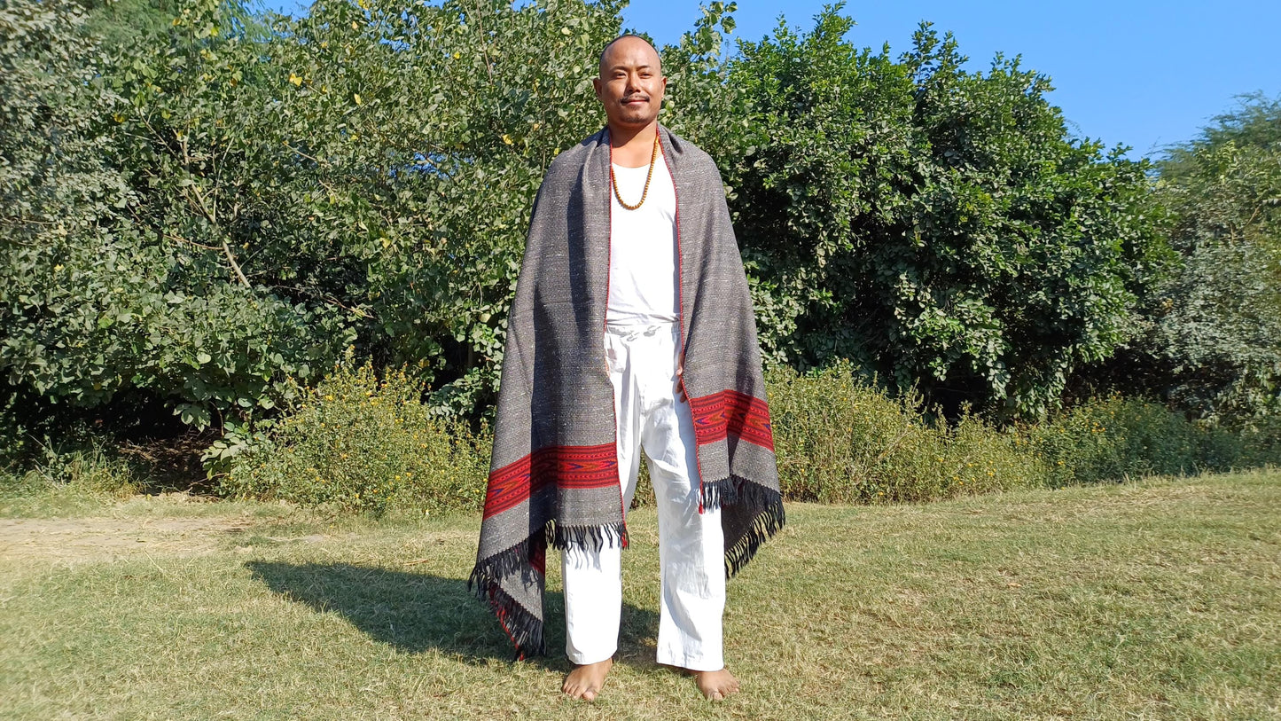 BHOLENATH Handwoven Dark Grey Pure Himalayan Yak Wool Prayer Shawl,Yak Wool Meditation Shawl,Ethnic Indian Yak Wool Scarf,Himalayan Yak Wrap