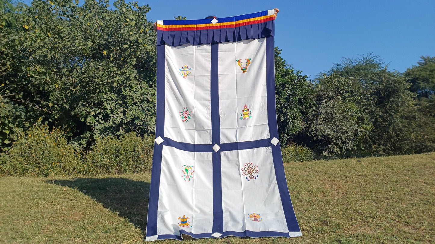 Traditional Handmade Tibetan 8 Auspicious Symbol Embroidered Tibetan Door Curtain,Buddhist 8 Lucky Signs Symbol Altar Room Door Hanging