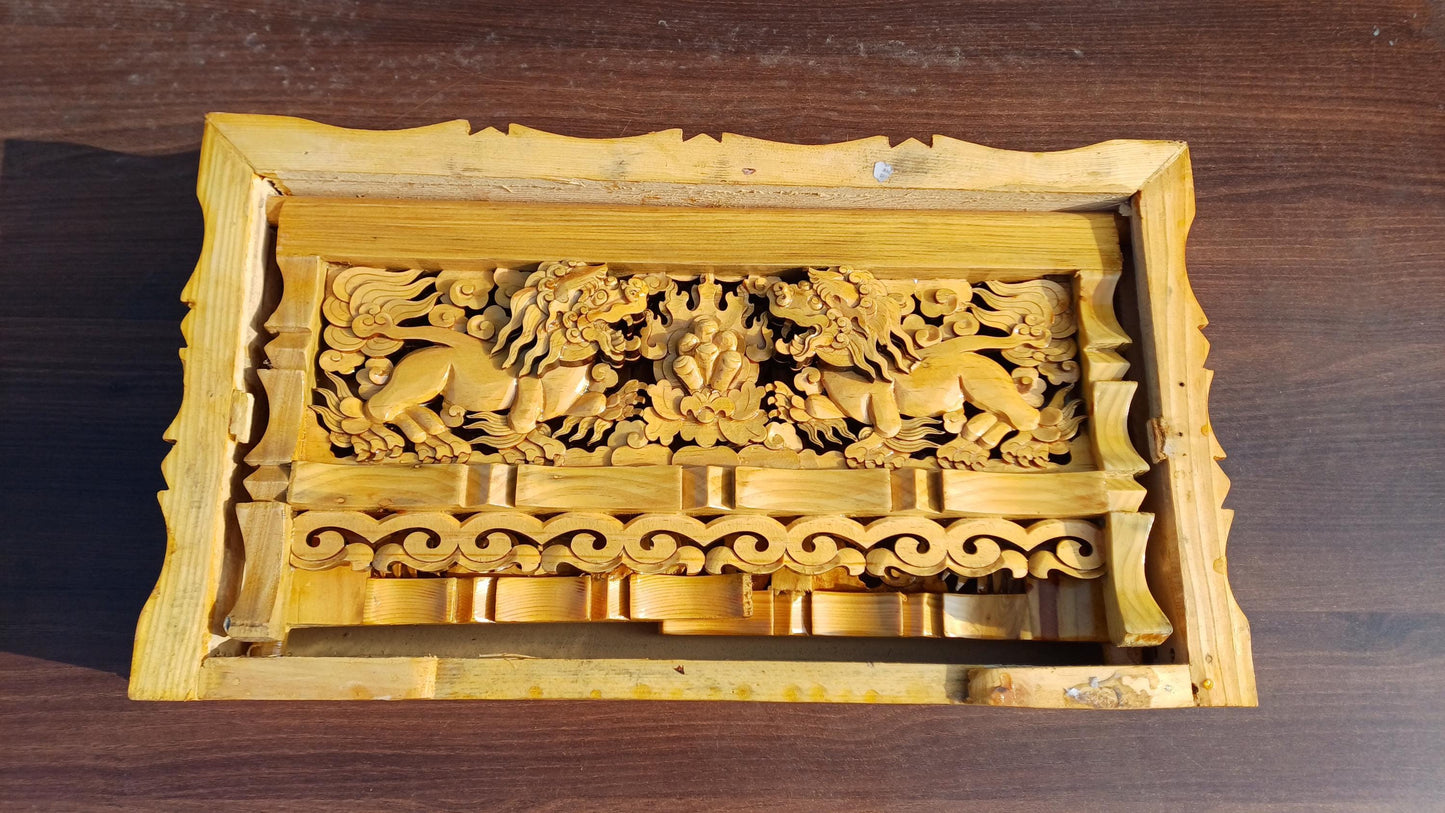 Handcarved Snow Lion Foldable Solid Wooden Tibetan Buddhist Altar,Buddhist Prayer Table,Tibetan Meditation Altar,Traditional Tibetan Table