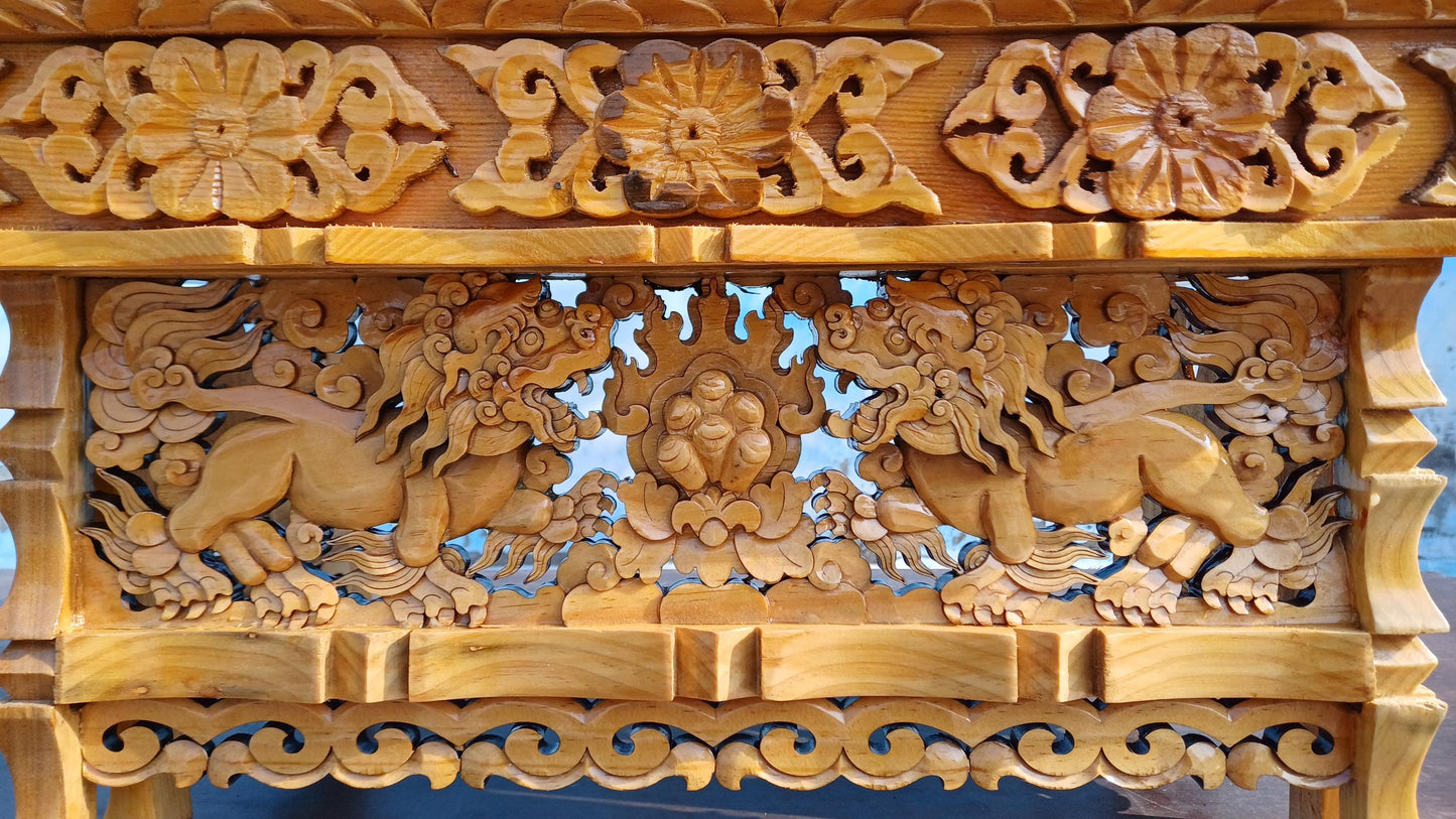Handcarved Snow Lion Foldable Solid Wooden Tibetan Buddhist Altar,Buddhist Prayer Table,Tibetan Meditation Altar,Traditional Tibetan Table