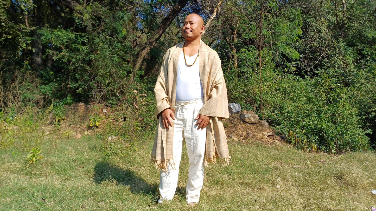 DHARMA Large Handspun Handwoven Khaki Color Pure Himalayan Yak Wool Blanket,Oversize Yak Meditation Shawl,Ethnic Indian Yak Prayer Blanket